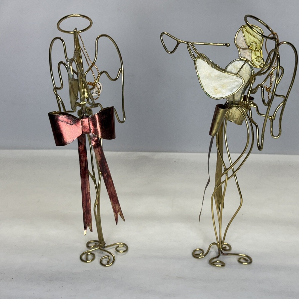 2‎ VTG. Stained Glass & Brass Color Angel Trumpet Free Standing Or Hang On Tree!